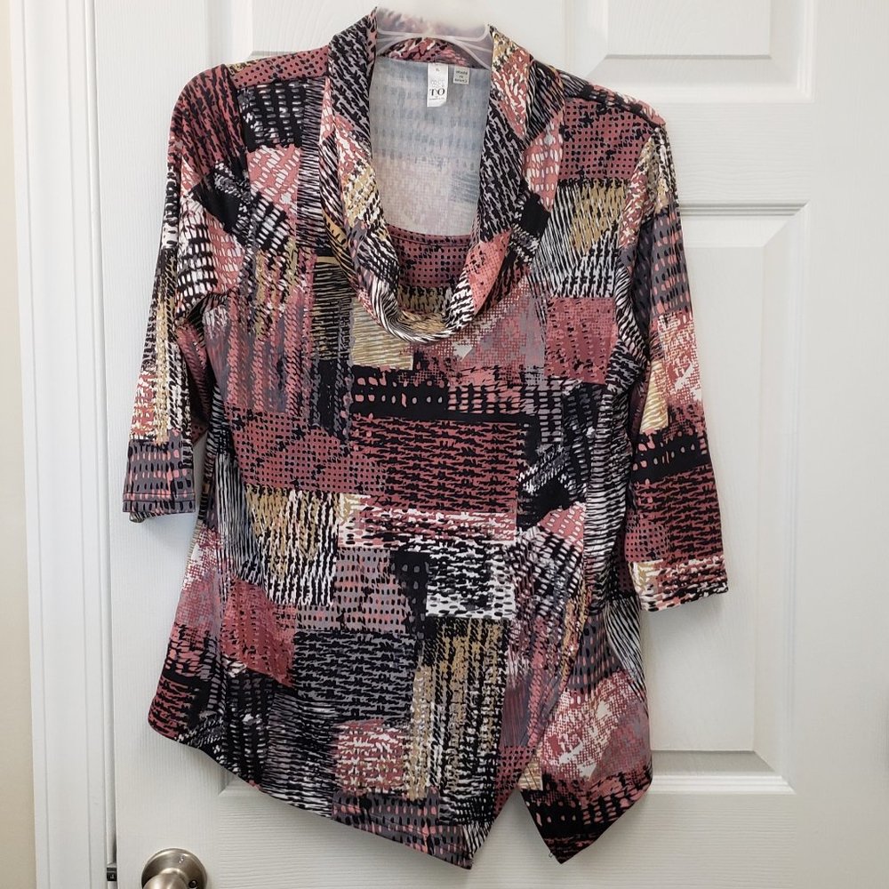 TO, NWOT, pink black scoop cowl neck, faux asymmetrical hem wrap blouse, XL